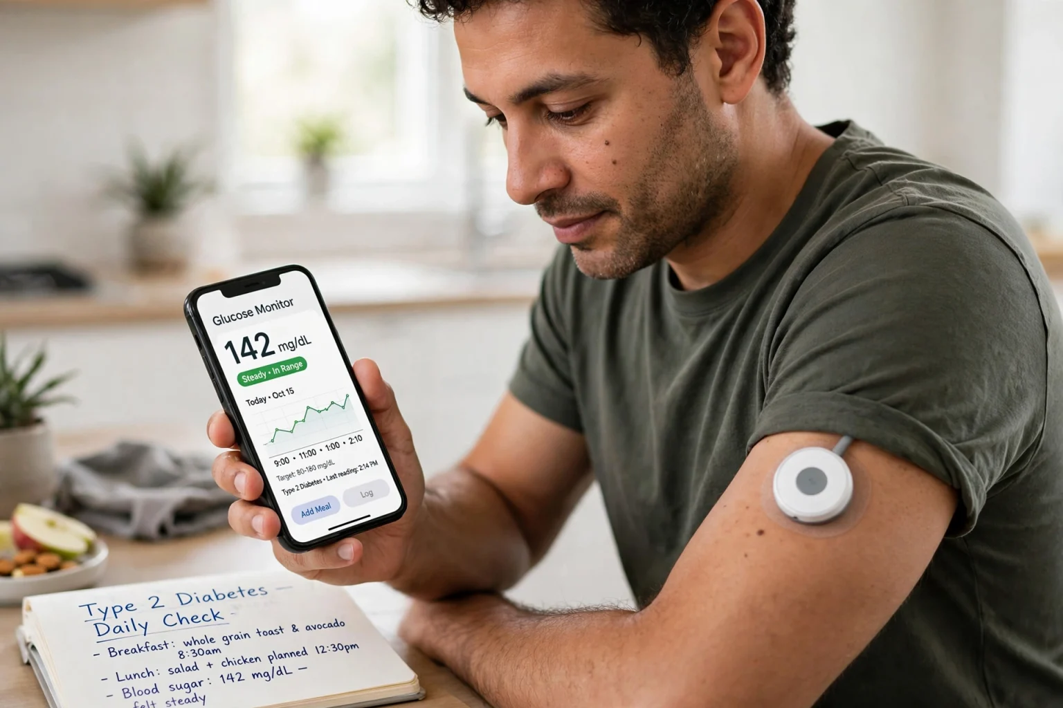 Continuous Glucose Monitors Help Type 2 Diabetes Patients, Trial Finds Person using a continuous glucose monitor to check blood sugar on a smartphone