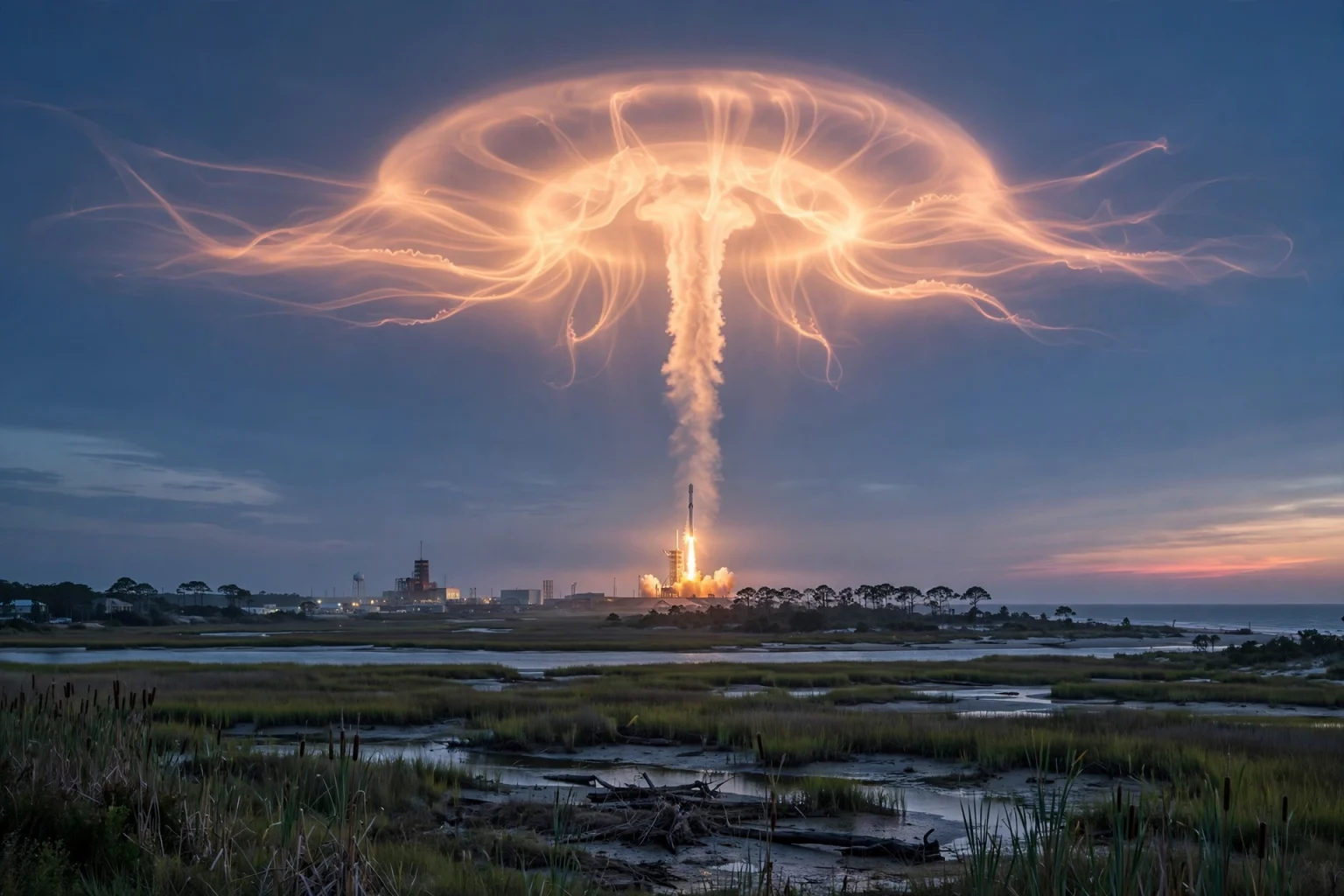 SpaceX Launch Creates Stunning Jellyfish Cloud Over US East Coast SpaceX rocket launch creating a glowing jellyfish cloud over the US east coast